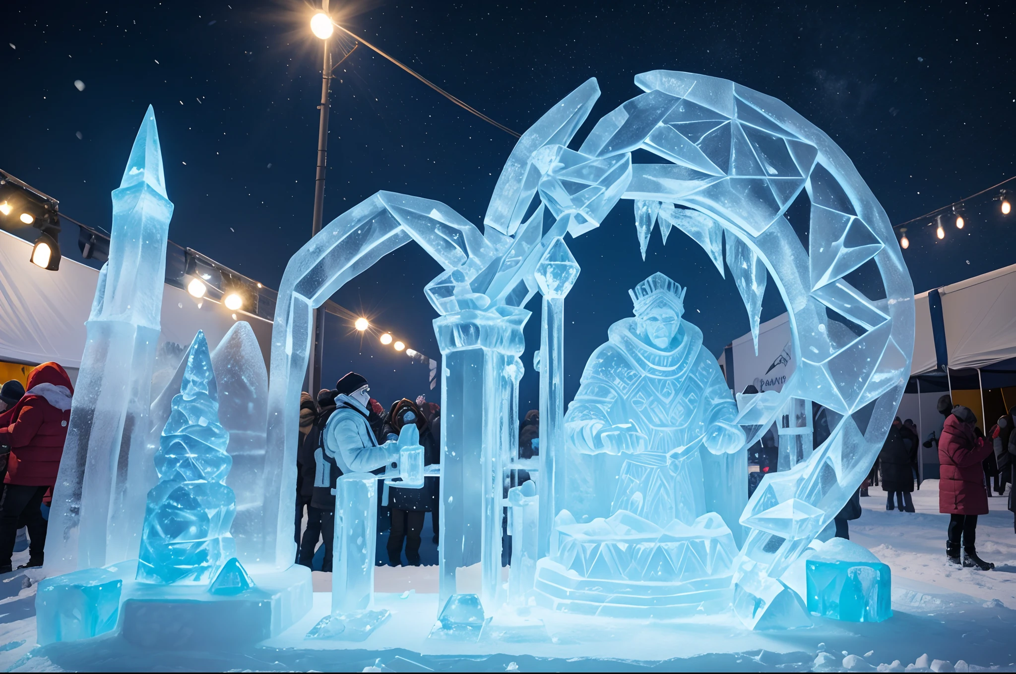 An ice sculptor creating an Ice sculpture in A Festival. Dynamic scene, Har'in snow Festival, ebdryone wdars wi ter clothing. Highly detailed.