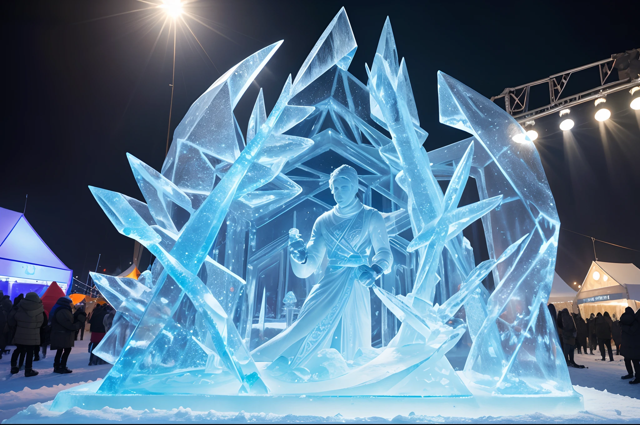 An ice sculptor creating an Ice sculpture in A Festival. Dynamic scene, Har'in snow Festival, ebdryone wdars wi ter clothing. Highly detailed.