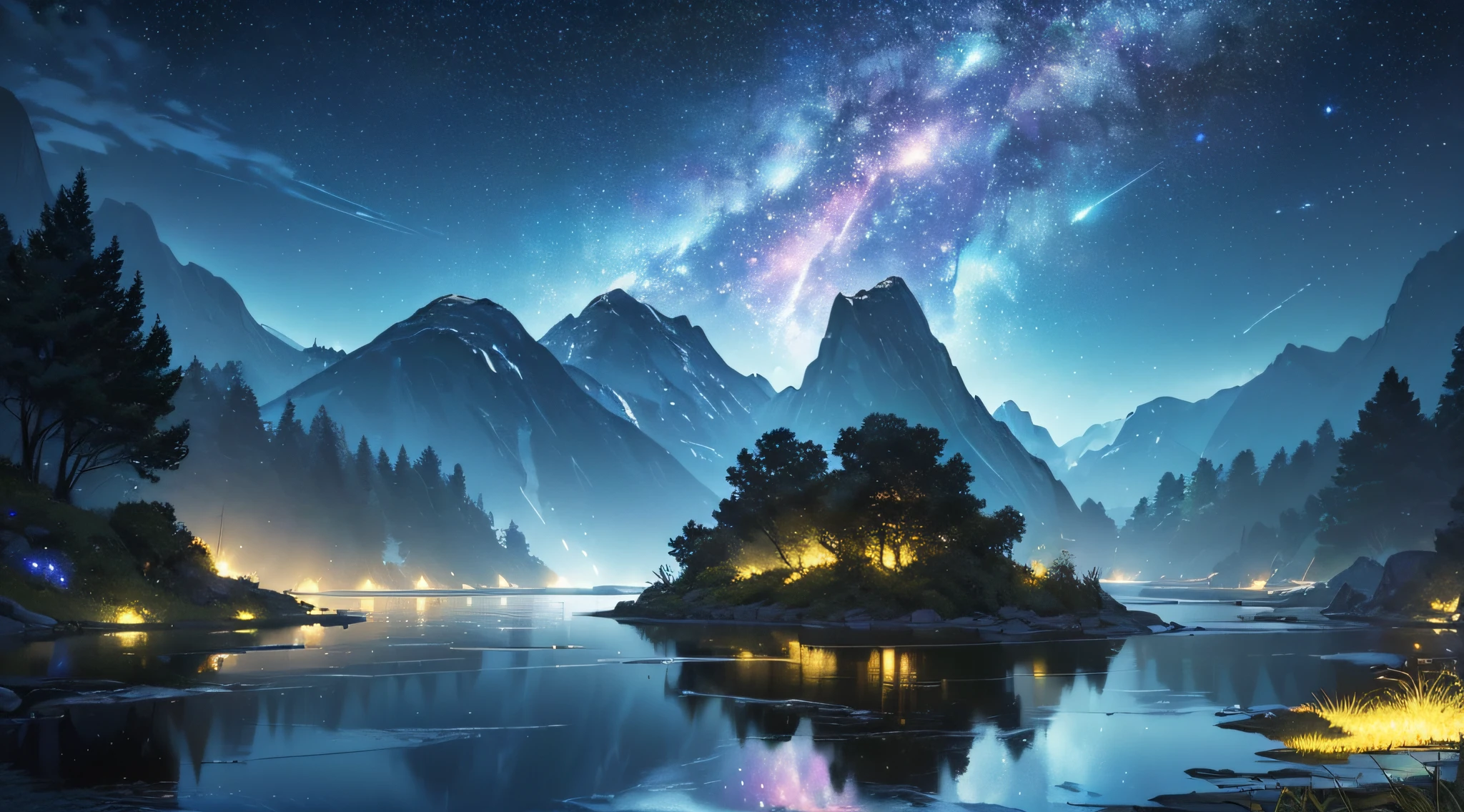 masterpiece、Background with((Fantastic starry sky、meteors、black hole、planetes))、Depth((Fantastic river with reflected light、plants、Luminescent、Flowing in from the depths of the mountains))、Looking up