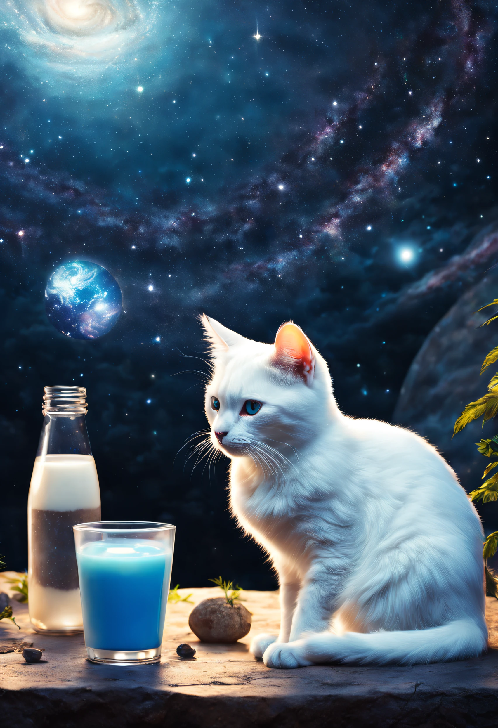 A white cat on the background of the Milky Way drinks milk, glowing, Alien Planet
