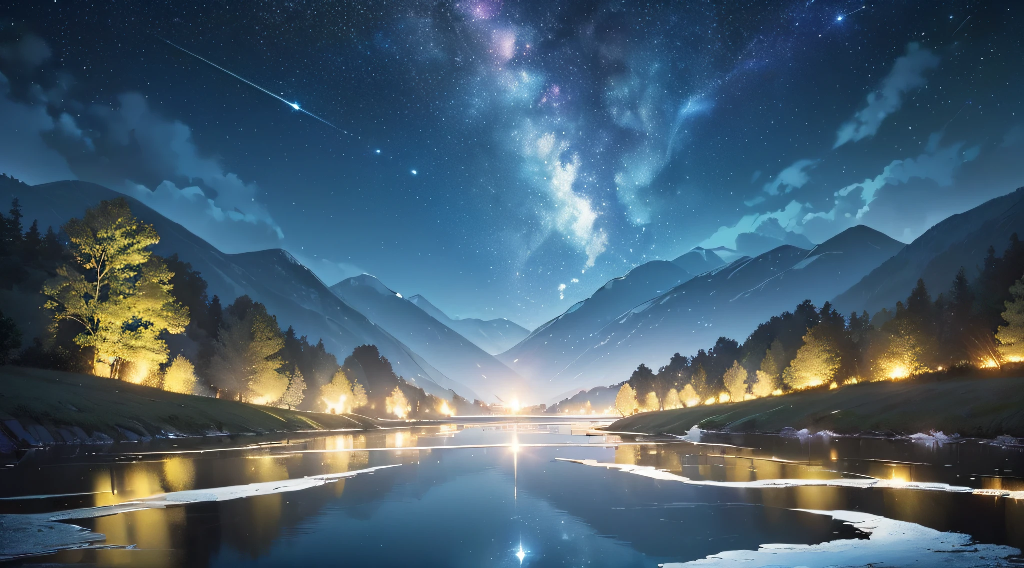 ​masterpiece、Background with((Fantastic starry sky、meteors、black hole、planetes))、Depth((Fantastic river with reflected light、plants、Luminescent、Flowing in from the depths of the mountains))、Looking up