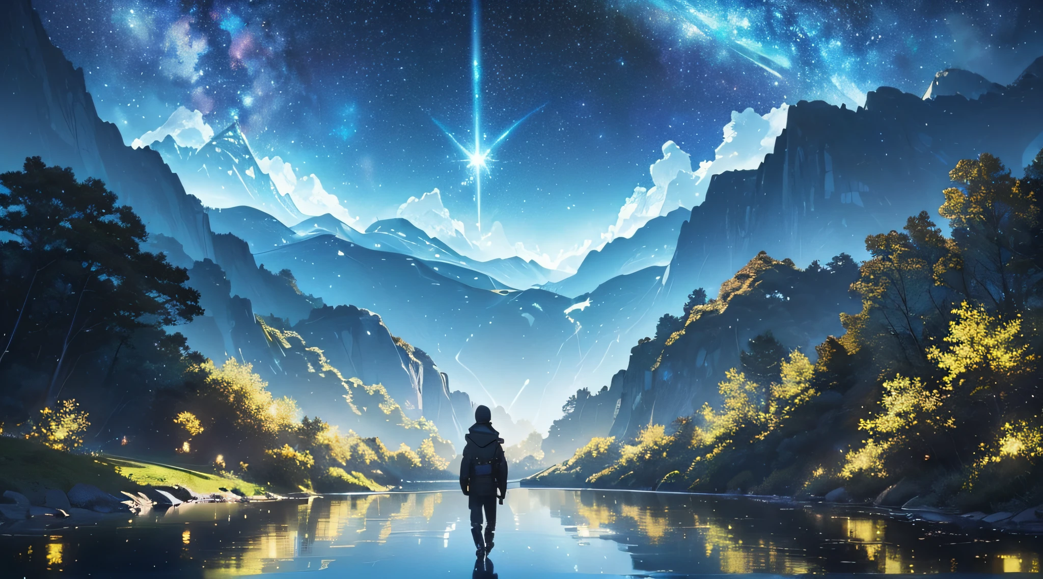 ​masterpiece、Background with((Fantastic starry sky、meteors、black hole、planetes))、Depth((Fantastic river with reflected light、plants、Luminescent、Flowing in from the depths of the mountains))、Looking up