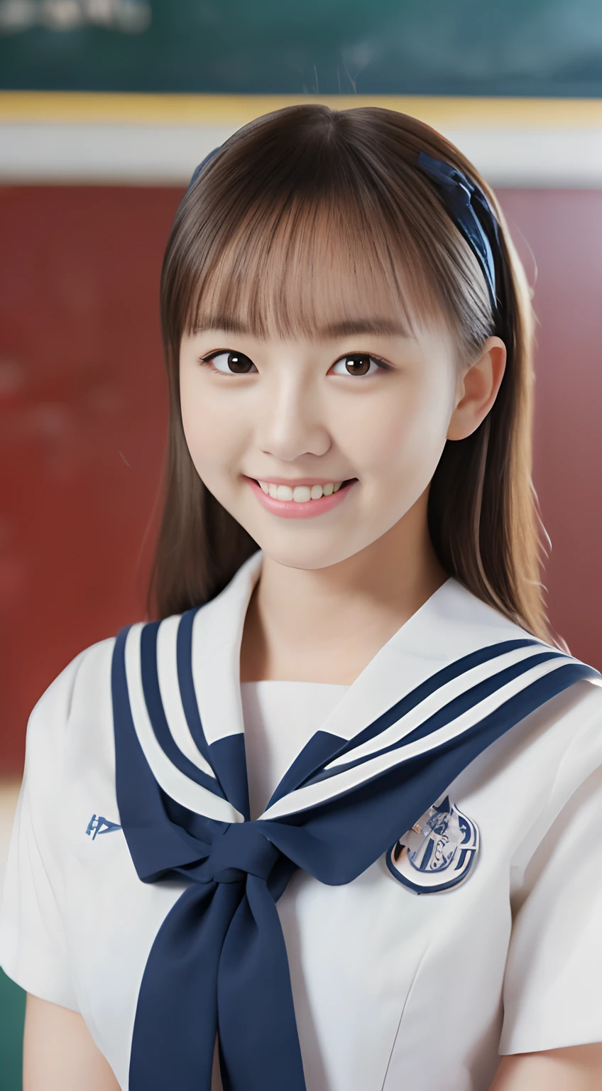 High-quality images((Cute) | (Moe)| (Dolce) | (fresh)),((fullbody image)|( Woman with beautiful face)),((Cute navy blue uniform)| ((Refreshing)| (neat)),((4K)|( Ultra HD))|( length hair) | Brown eyes, In the classroom of  the school，Smiling，