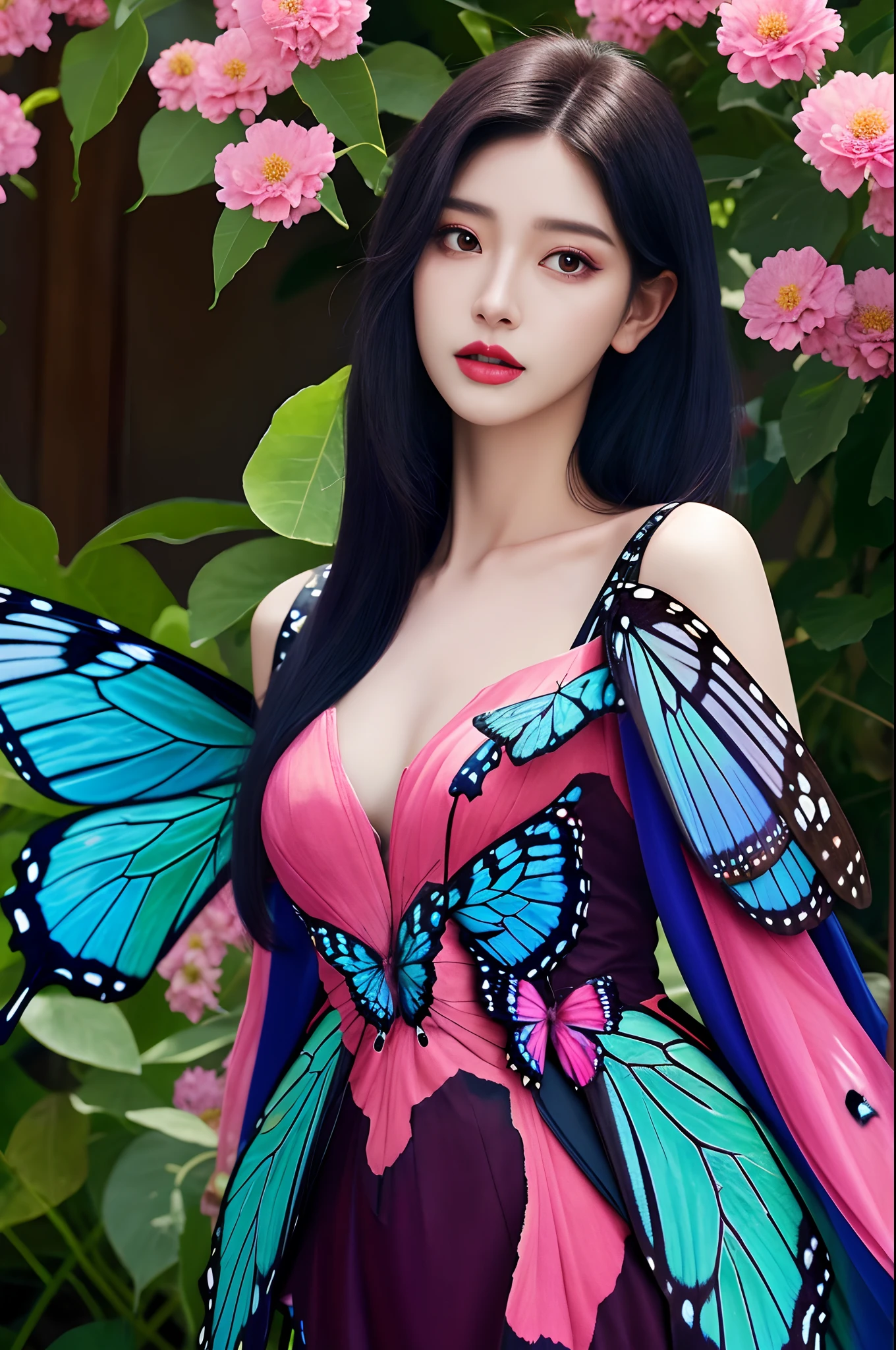 brightly colored butterfly with blue and pink wings surrounded by flowers, beautiful digital artwork, beautiful digital art, beautiful gorgeous digital art, colorfull digital fantasy art, harmony of butterfly, 4k highly detailed digital art, very beautiful digital art, beautiful digital painting, beautiful digital illustration, butterfly, 8k high quality detailed art, gorgeous digital art, beautiful art uhd 4 k, no jardim,flying,shoulder length straight blackbob hair,small head,small breasts,small face,slim,thin