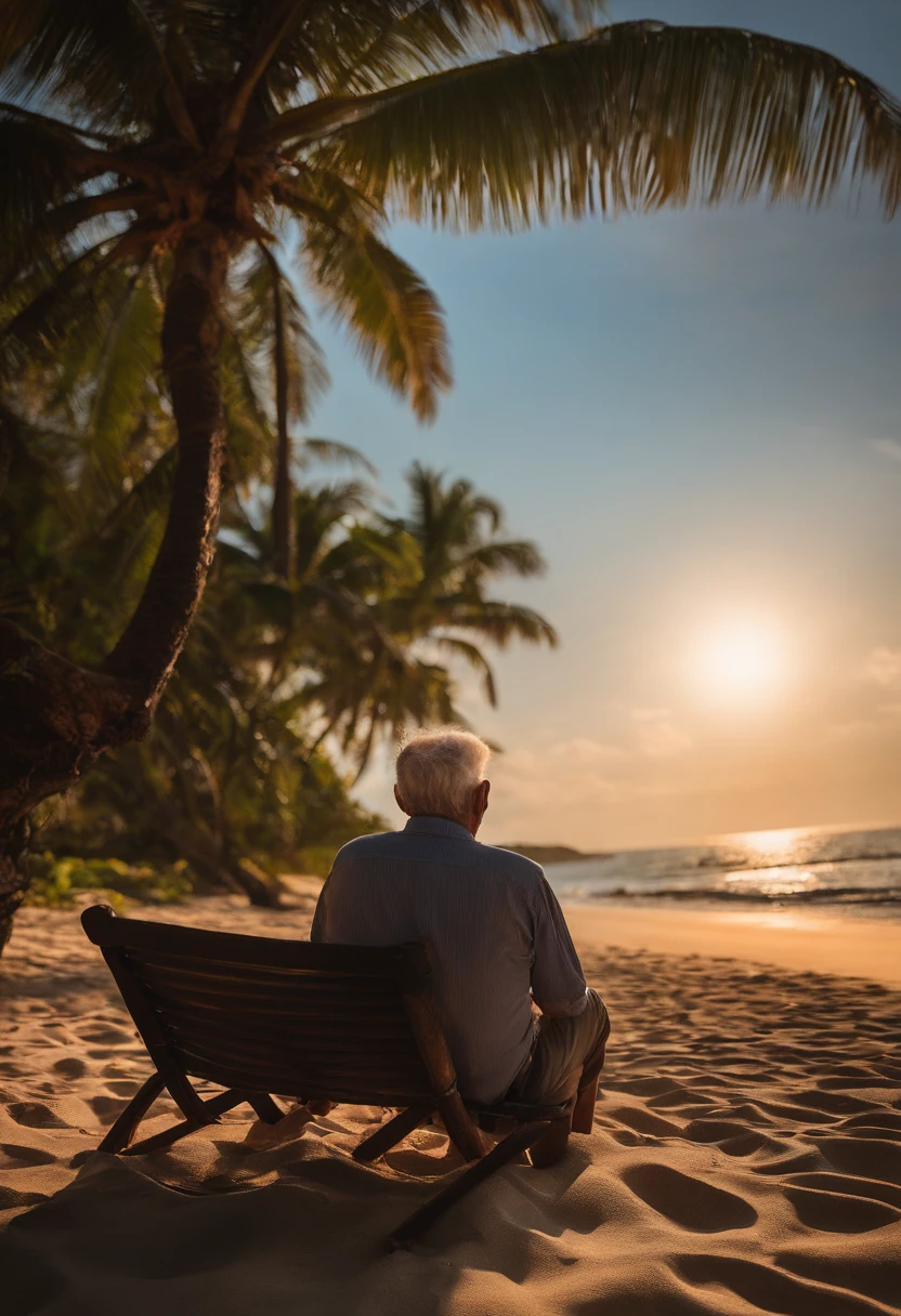 tropical,beachside,the setting sun,the sunset,coconut palms,Delicate sandy beach,An elderly man sits on the beach,Back shadow,looking at the ocean,Take a picture directly from the back of the old man