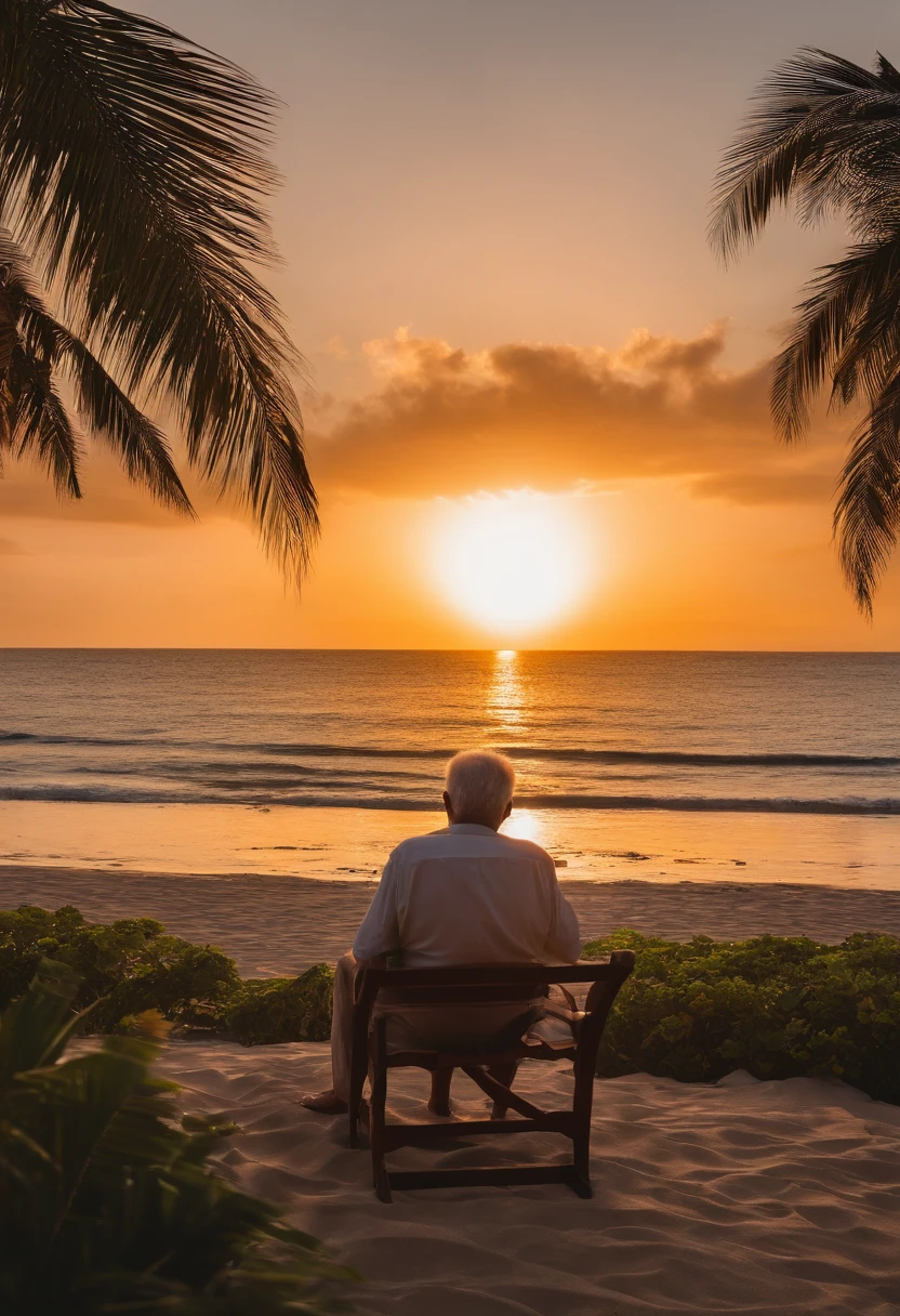 tropical,beachside,the setting sun,the sunset,coconut palms,Delicate sandy beach,An elderly man sits on the beach,Back shadow,looking at the ocean,Take a picture directly from the back of the old man