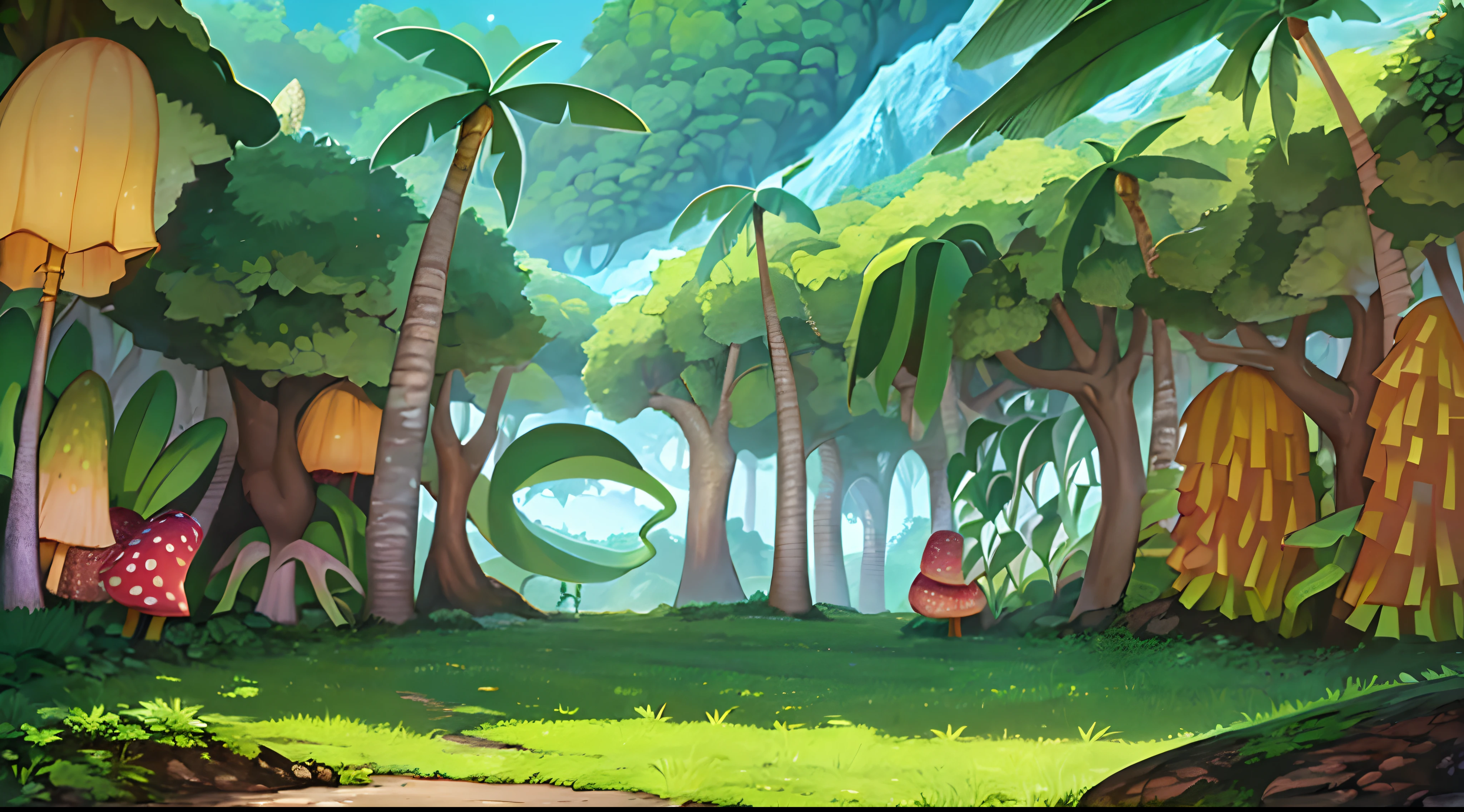 anime background illustration, (detailed, high quality, high resolution, masterpiece), a jungle, palm trees, monstera, mushrooms, rocks under the trees, (mountain in the background), empty ground in front of trees, blue sky, forest