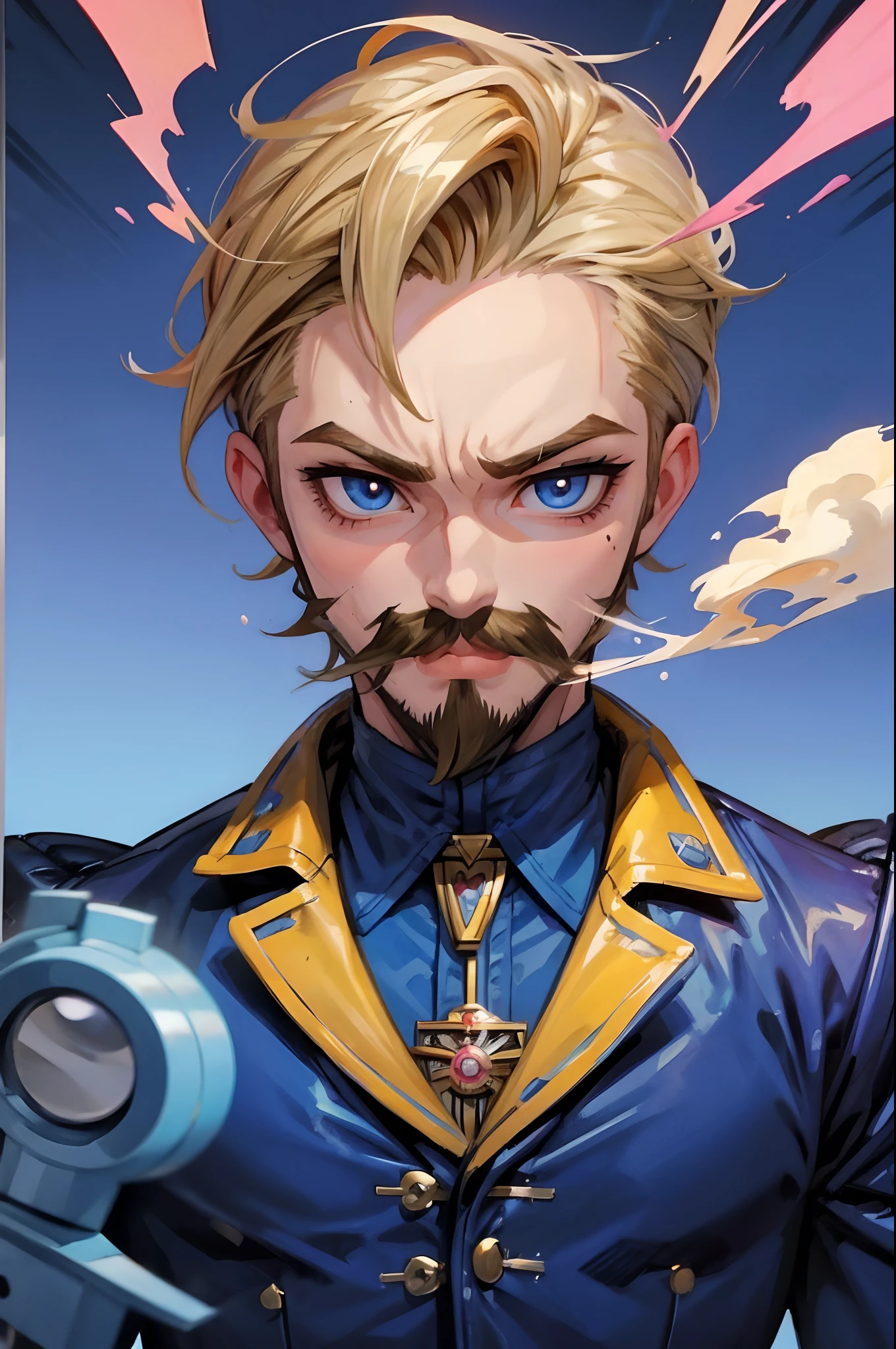 1 Bratz Boy, 1 male Bratz, 32 years old, short hair, dirty blonde, mustache, facial hair, blue eyes, blowing smoke from mouth. specular distortion