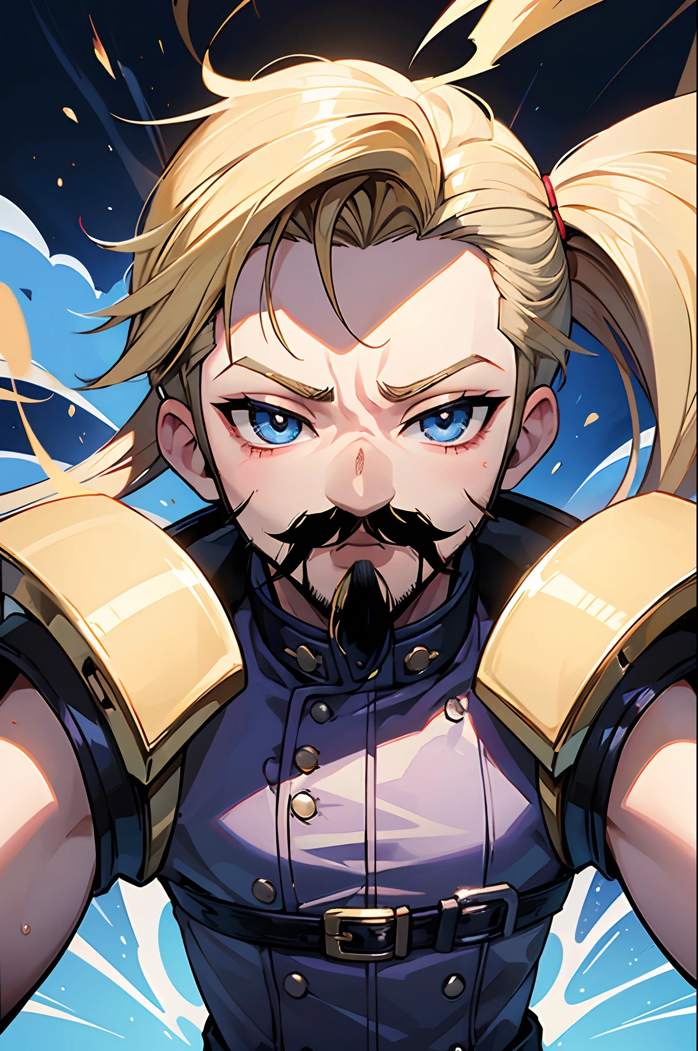 1 Bratz Boy, 1 male Bratz, 32 years old, short hair, dirty blonde, mustache, facial hair, blue eyes, blowing smoke from mouth. specular distortion