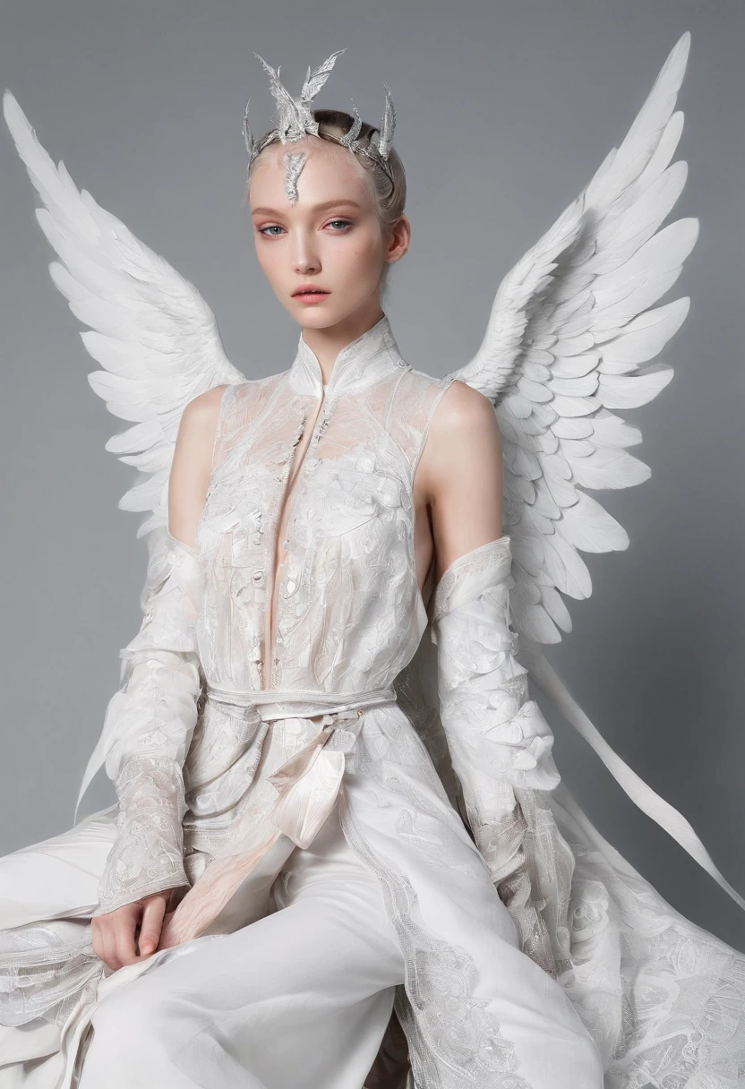 A woman in white dress with wings and a crown - SeaArt AI