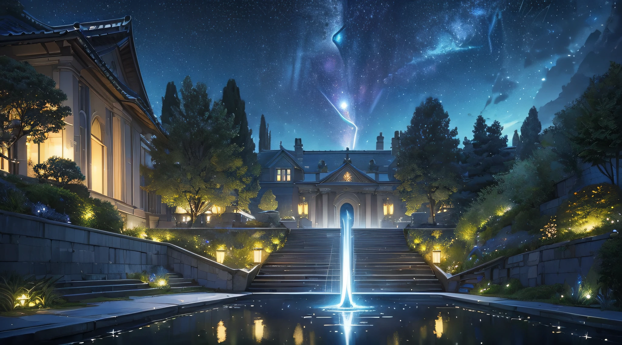 masterpiece、Background with((Fantastic starry sky、meteors、black hole、planetes))、Depth((Fantastic river with reflected light、plants、Luminescent、It flows from the top of a staircase-like step))、Looking up