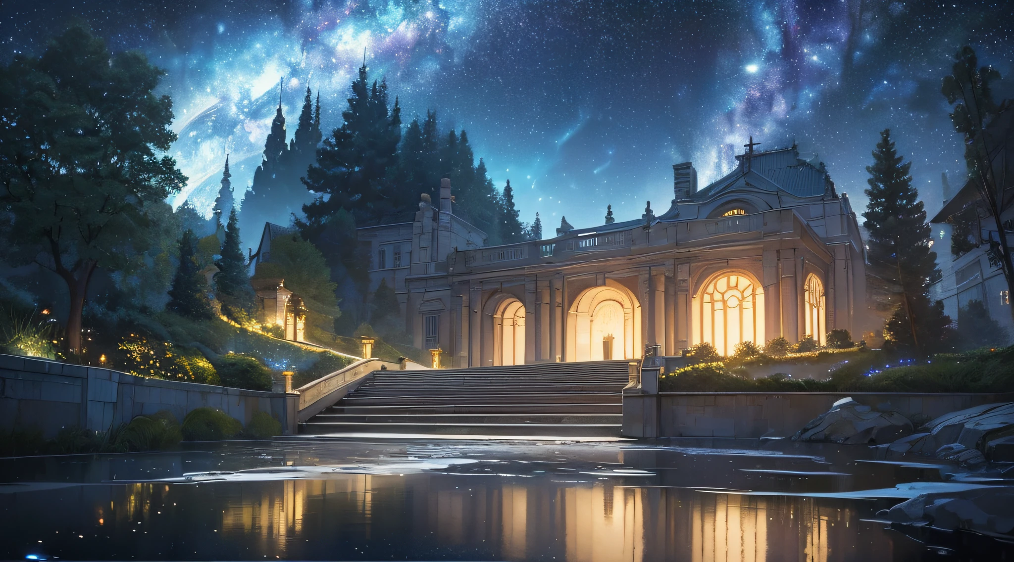 masterpiece、Background with((Fantastic starry sky、meteors、black hole、planetes))、Depth((Fantastic river with reflected light、plants、Luminescent、It flows from the top of a staircase-like step))、Looking up