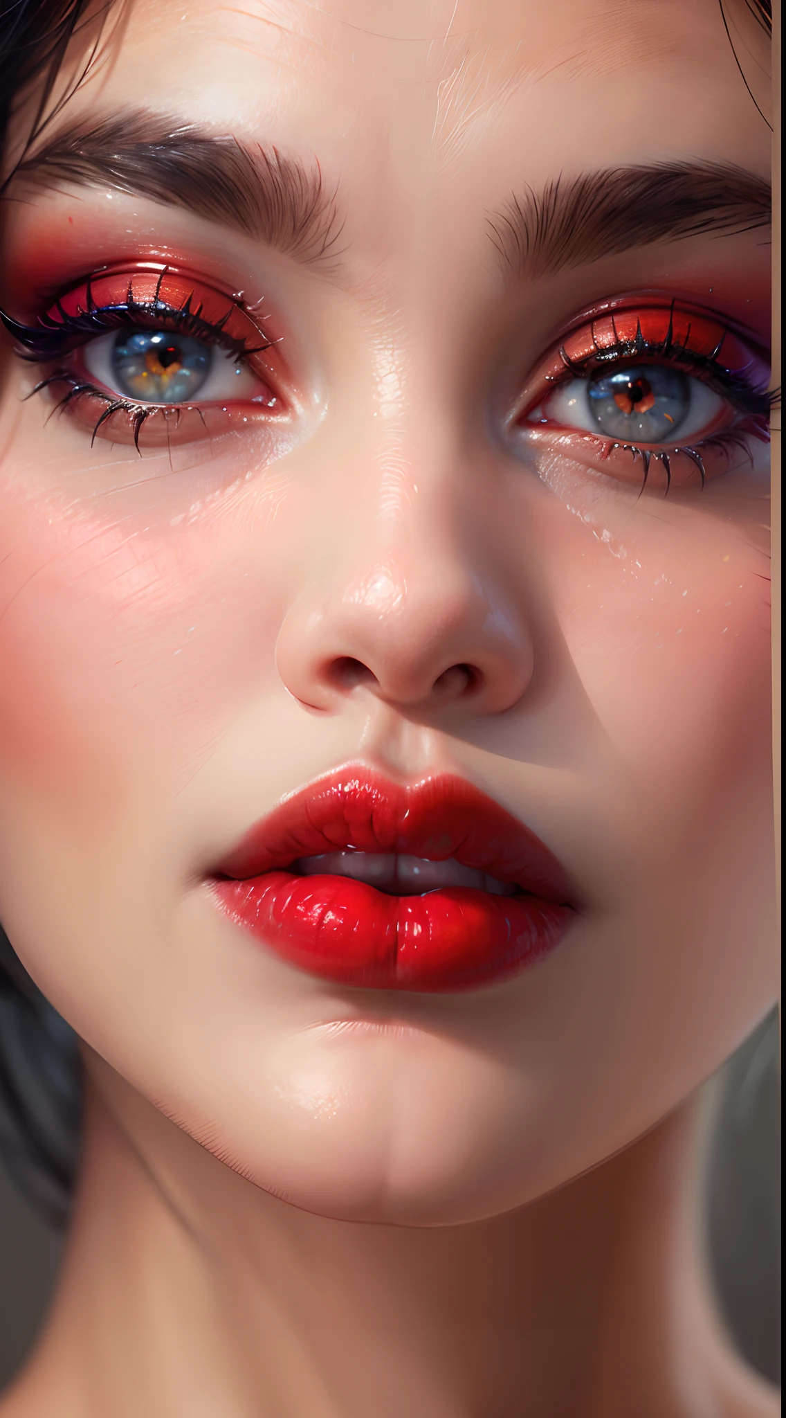 (Best Quality,4k,hight resolution,Masterpiece:1.2), in profile, Ultra-detailed,Realistic,Portrait,View your profile, Bright make-up,bright red full lips, Black butterfly sitting on lips,Elegant facial features,almond-shaped eyes,delicate nose,light skin,Sleek black hair,a closeup of a, macro, Detailed Skin Texture.