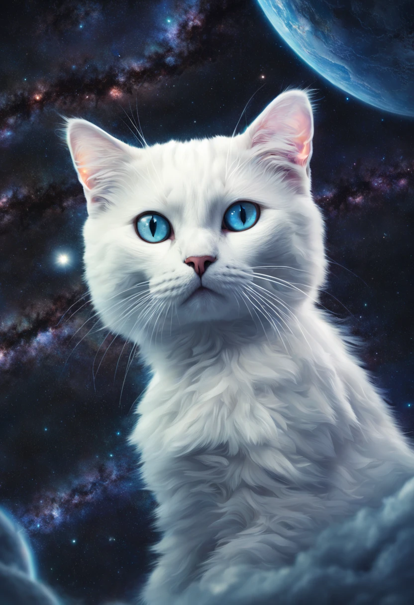 A white cat on the background of the Milky Way and glowing, Alien Planet