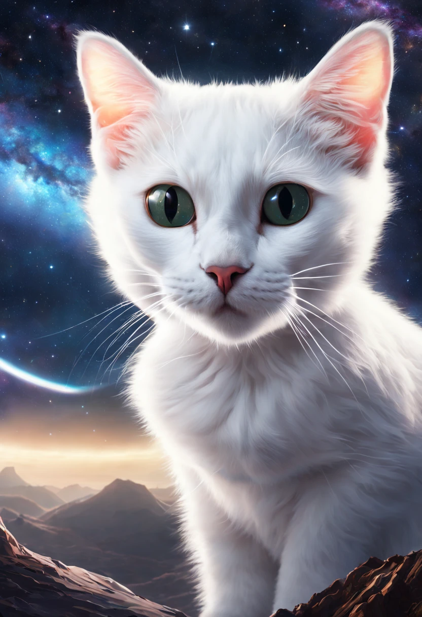 A white cat on the background of the Milky Way and glowing, Alien Planet