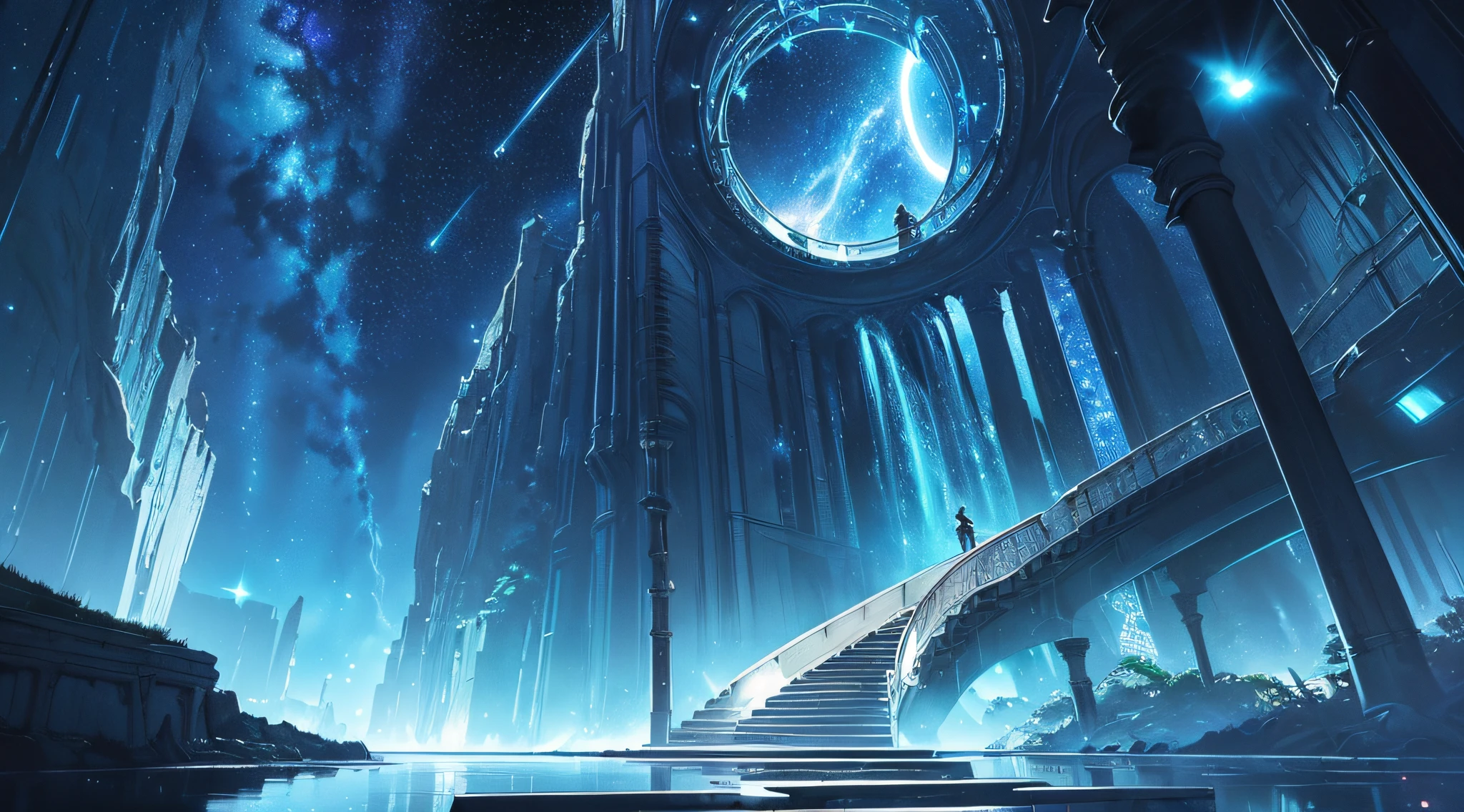 ​masterpiece、Background with((Fantastic starry sky、meteors、black hole、planetes))、Depth((Fantastic river with reflected light、plants、Luminescent、It flows from the top of a staircase-like step))、Looking up