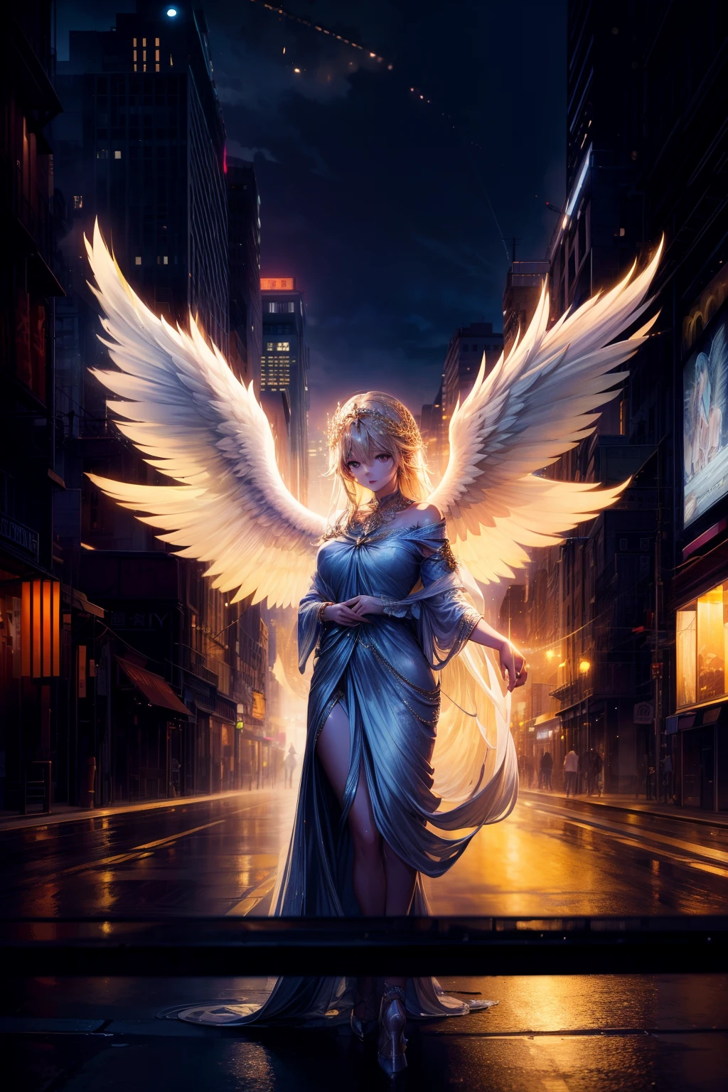 The image depicts an angelic woman wandering over the city at night. The lights of the city create an atmosphere of gold and drama, And its delicate presence and dark wings contrast with the urban environment. The woman seemed to be protective and vigilant.