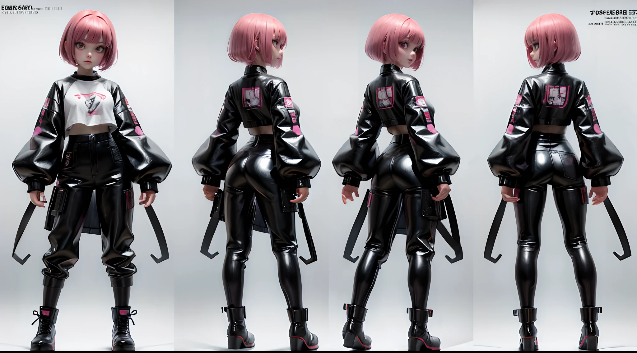 Cyberpunk anime girl standing with open arms, 4 View Drawings, Right side and left side and front and back, Character Sheet, Full body, Simple white background, anime character reference sheet, Concept art, design sheet, anime character design, full body adoptable, Pink bob cut hair, 20yr old, ninjartist, pink sleeves, Black very short vinyl T-shirt, Black vinyl pants