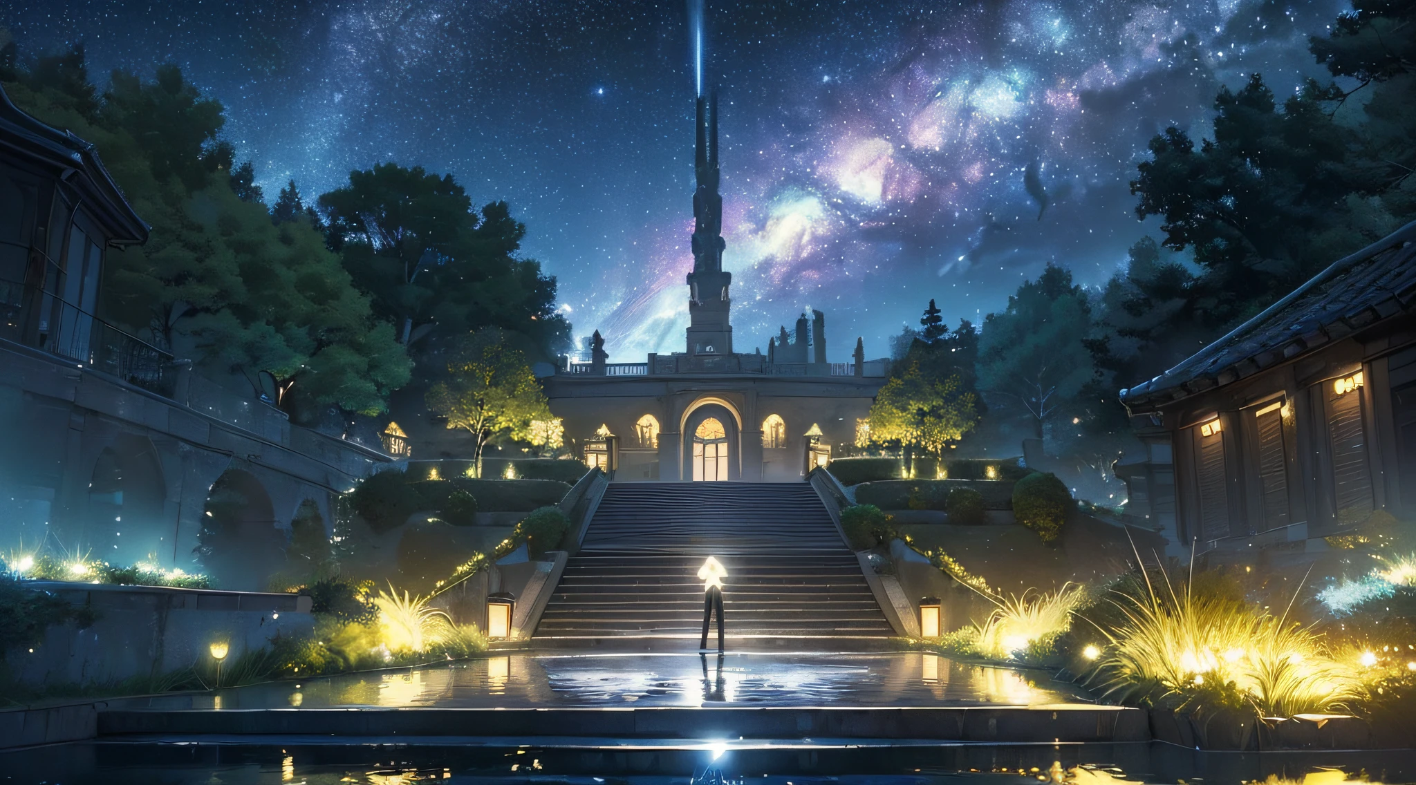 masterpiece、Background with((Fantastic starry sky、meteors、black hole、planetes))、Depth((Fantastic river with reflected light、plants、Luminescent、It flows from the top of a staircase-like step))、Looking up