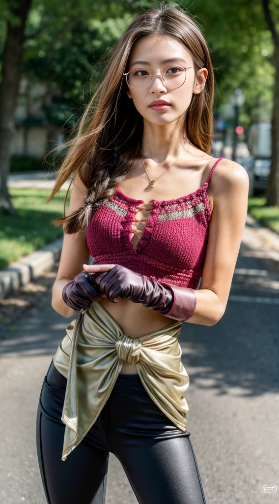 (8K, Masterpiece, RAW photo, Best quality, detail:1.3), (ultra realistic:1.4, scenary, 8K), Depth of field, Cinematic light, (ultra realistic face), 1girl, (Beautiful and elegant girl), (tight vivid red pants:1.4 BREAK), (skinny girl with glasses), (russian face:1.3), (natural abs), (full body:1.3), (tight black minitop:1.3), (small necklace, collarbone:1.1), (ultra detailed skin:1.4), (tight gloves), (tight gap:1.4), (soft fabric skinny pants:1.4), (Braided bun hair:1.5)