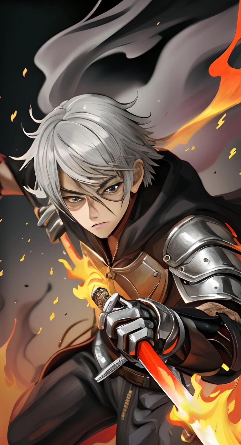 ((superfine illustration, 8K, masutepiece :1.2, Sharp Focus :1.2, depth of fields:1.2)), Beautiful swordsman, absurdity, Highly detailed face and skin texture, Silver hair, Jet black armor, Flame Armor, Cloak engulfed in flames, A sword engulfed in flames, flame wings, Determination to overcome grief, A sign of determination in your kind eyes ,