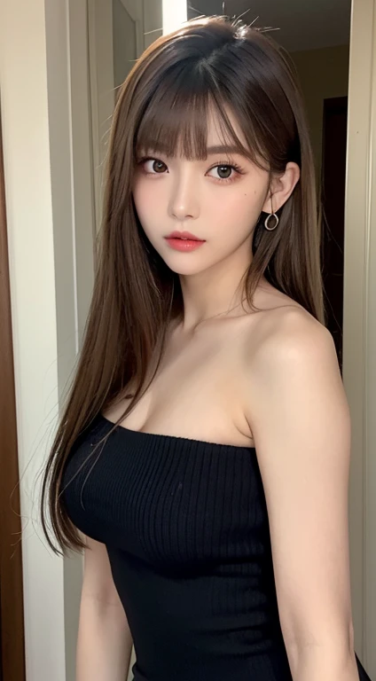 (Best Quality, 8K, masutepiece, Ultra HD: 1.3), 1girl in, mideum breasts, light brown hair, Blunt bangs, hair behind ear, hair over shoulder, Long hair, slender body shape, Ultra Fine Face, Delicate lips, Beautiful eyes, Double eyelids, lipsticks,Facial expressions inviting a man, Ultra-thin hands, Ultra-fine fingers, Knitted Dresses , beauty legs ,
