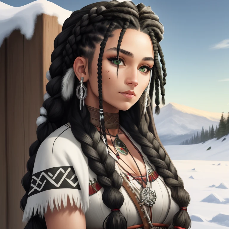 Half viking half native American woman, green eyes, black x white dreadlocks with braids, snow