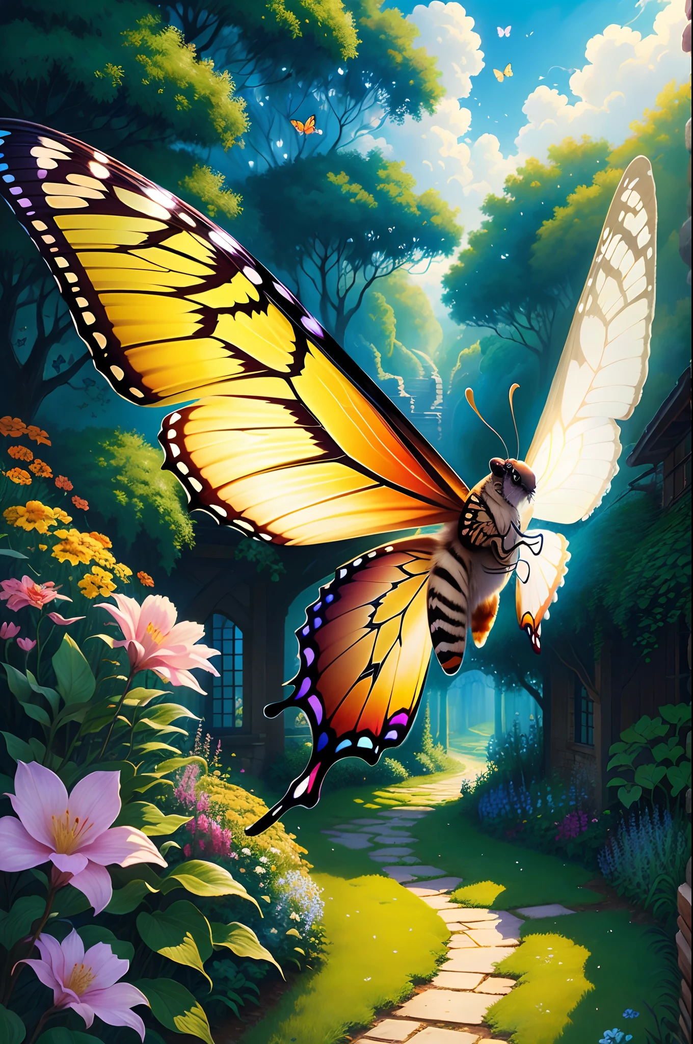 A bigbutterfly,flying,in garden,((best quality)), ((masterpiece)), (detailed), (fantasy illustration:1.3),
