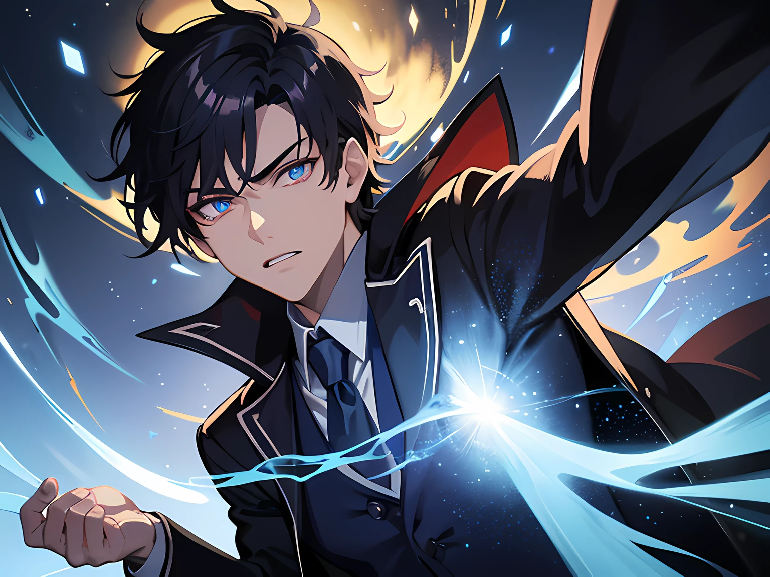 (ultra-detailed, perfect pixel, highres, best quality, beautiful eyes finely detailed), 19 years old boy, have power like demon god in manhwa, full of demonic aura, angry facial expression, red eye color (glowing blue eyes), black hair with aristocrat style outfit, elegant, detective, realistic fire, the background is full of magical particles and realistic blue fire. lens flare, glowing light, reflection light, motion blur, 8k, super detail, ccurate, best quality, Ray tracing.