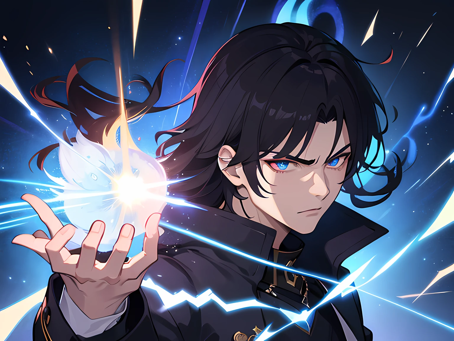 (ultra-detailed, perfect pixel, highres, best quality, beautiful eyes finely detailed), 19 years old boy, have power like demon god in manhwa, full of demonic aura, angry facial expression, red eye color (glowing blue eyes), black hair with aristocrat style outfit, elegant, detective, realistic fire, the background is full of magical particles and realistic blue fire. lens flare, glowing light, reflection light, motion blur, 8k, super detail, ccurate, best quality, Ray tracing.