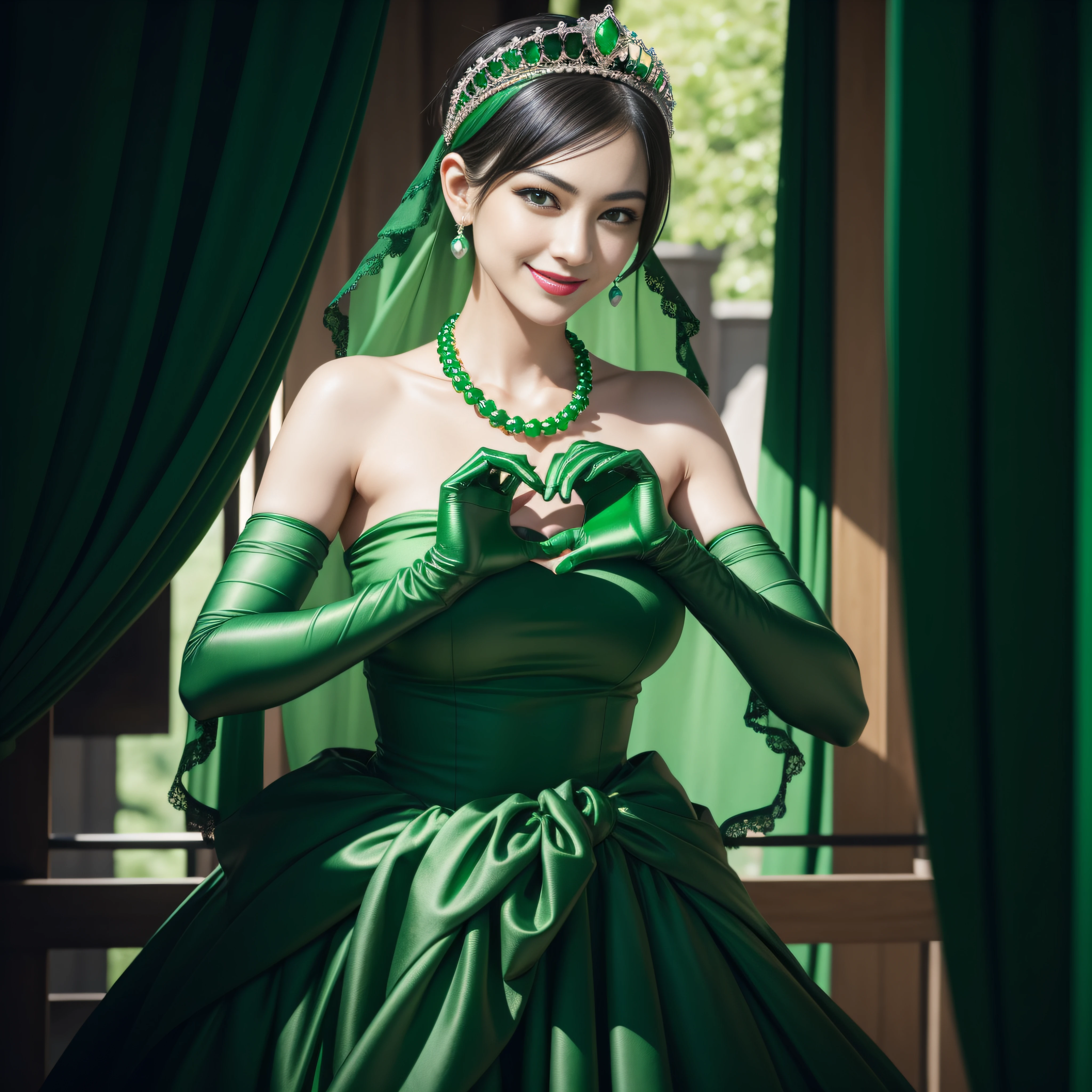 emerald tiara, Green Pearl Necklace, Boyish very short black hair, lipsticks, Japan woman smiling, very short short hair, big breasts beautiful, Green eyes, Long green gloves made of satin material, Green eyes, Emerald Earrings, green vale, Heart with both hands