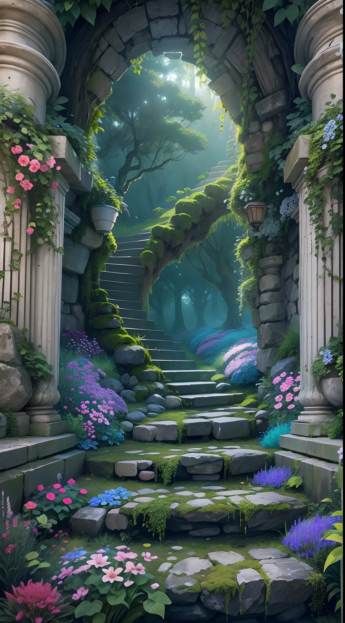 A painting of a stone arch with flowers and plants growing on it ...