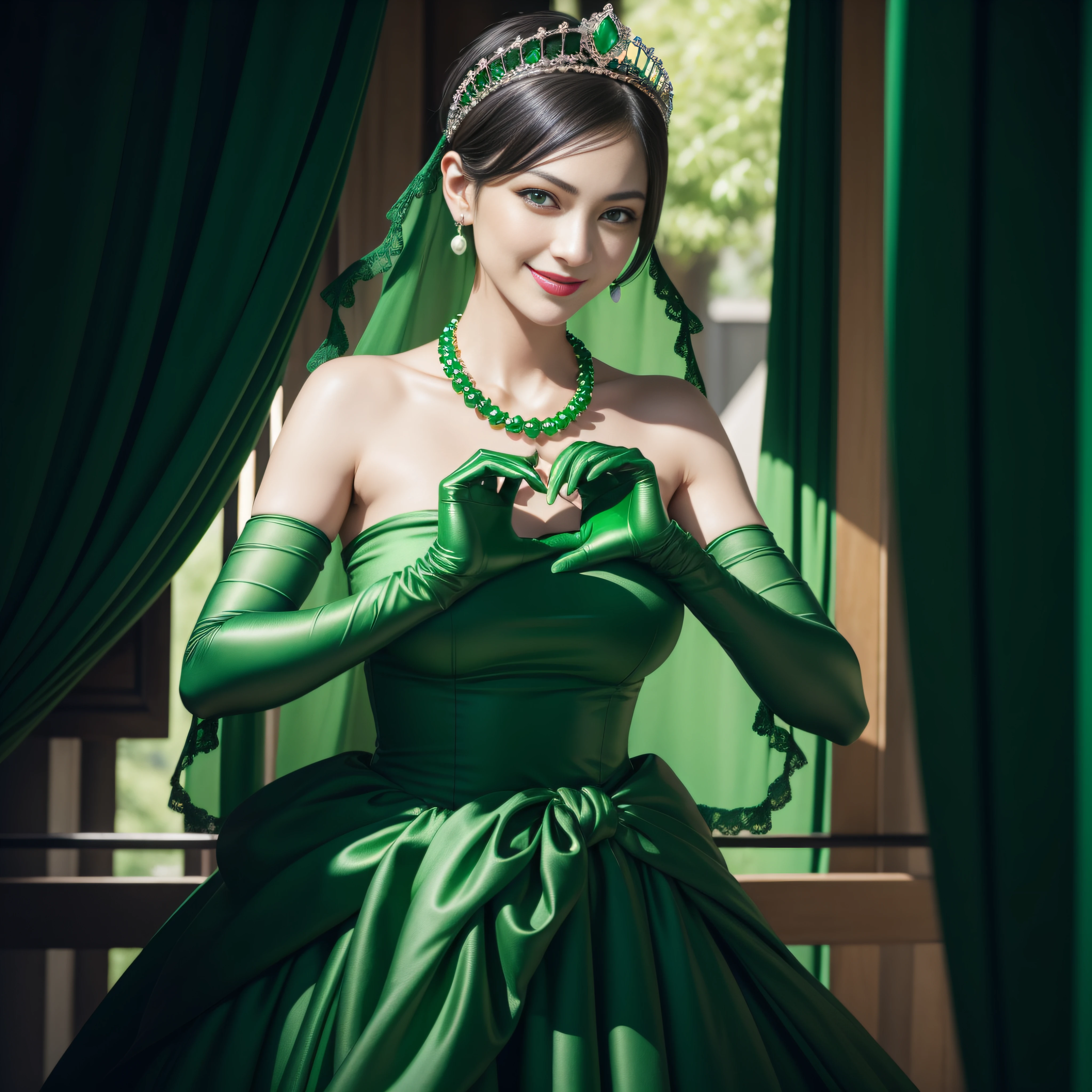 emerald tiara, Green Pearl Necklace, Boyish very short black hair, lipsticks, Japan woman smiling, very short short hair, big breasts beautiful, Green eyes, Long green gloves made of satin material, Green eyes, Emerald Earrings, green vale, Heart with both hands