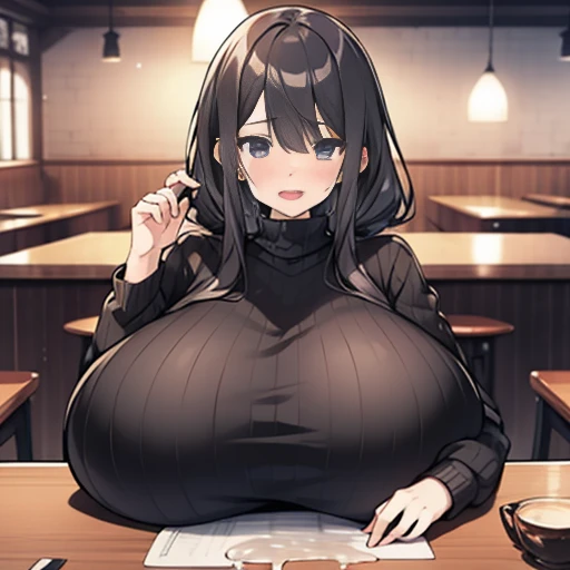A beauty with long black hair,wearing a black sweater,Sit at a table in an upscale café(Sneer 1.5)(Open mouth 1.5)(The background is in an upscale café:1.5),Anime style 4K,Anime rendering,style of anime,8K fineness,(Upper body display:1.5)(Cinematic lighting:1.5)Middle-aged woman 1.5, (gigantic breasts: 1.6), (breasts leaking:1.5), shirt covers breasts
