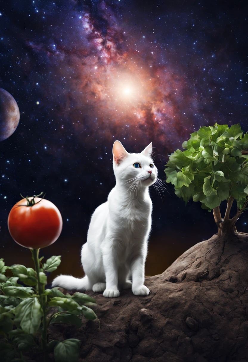 A white cat on the background of the Milky Way and tomat tree, Alien Planet