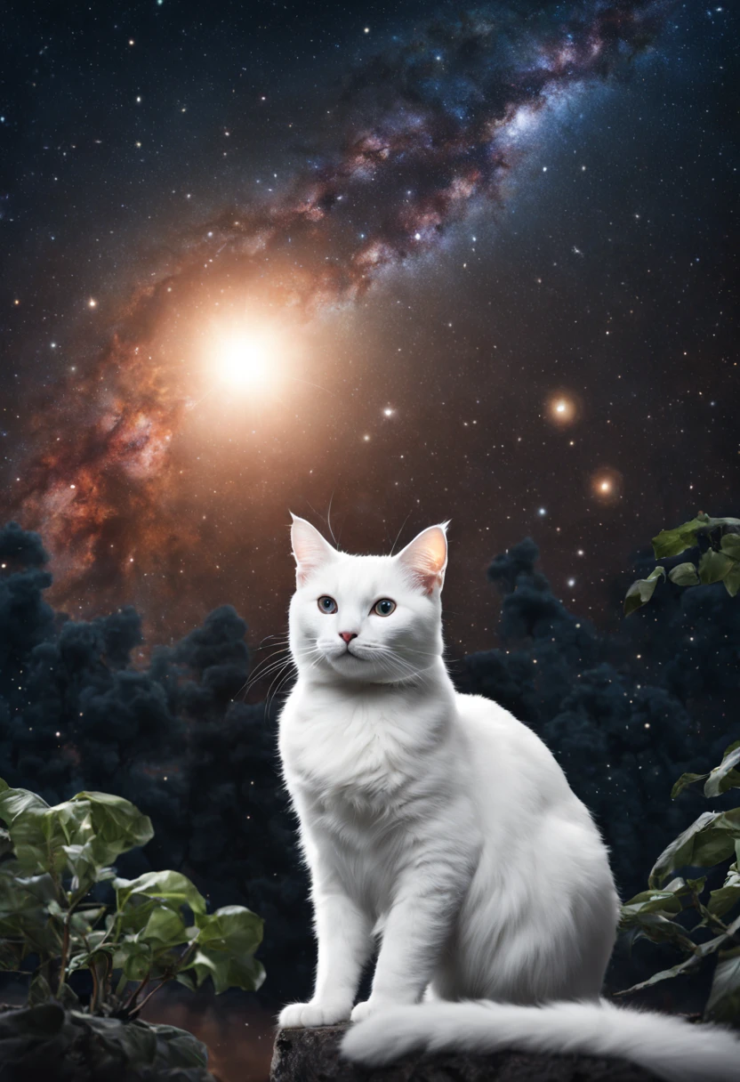 A white cat on the background of the Milky Way and tomat tree, Alien Planet
