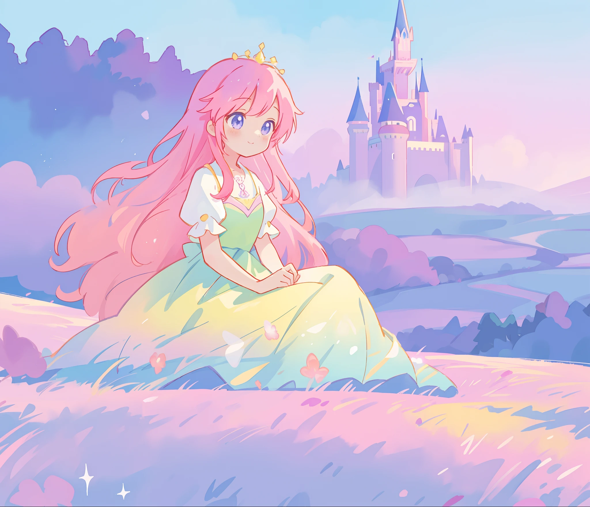 beautiful girl in flowing gradient ballgown sitting in a field, (beautiful girl), (beautiful face), beautiful anime girl, long flowing pink hair, (fantasy castle silhouette in distant background), colorful fantasy landscape, vibrant colors, (((otherworldly landscape))), whimsical landscape, purples pinks blues, watercolor illustration, disney art style, glowing lights, beautiful digital illustration, fantasia otherworldly landscape plants flowers, beautiful, masterpiece, best quality, anime disney style