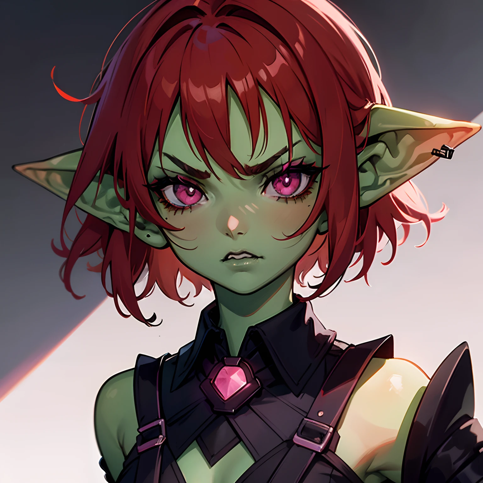 1 girl, portrait, goblin girl, green skin, red hair, short hair, bobcut, lip piercing, pink eyes, black shirt, black lipstick, black eye makeup, small , angry, black background, hands behind back, office lady, buiseness suit, close-up, total black background, simple background