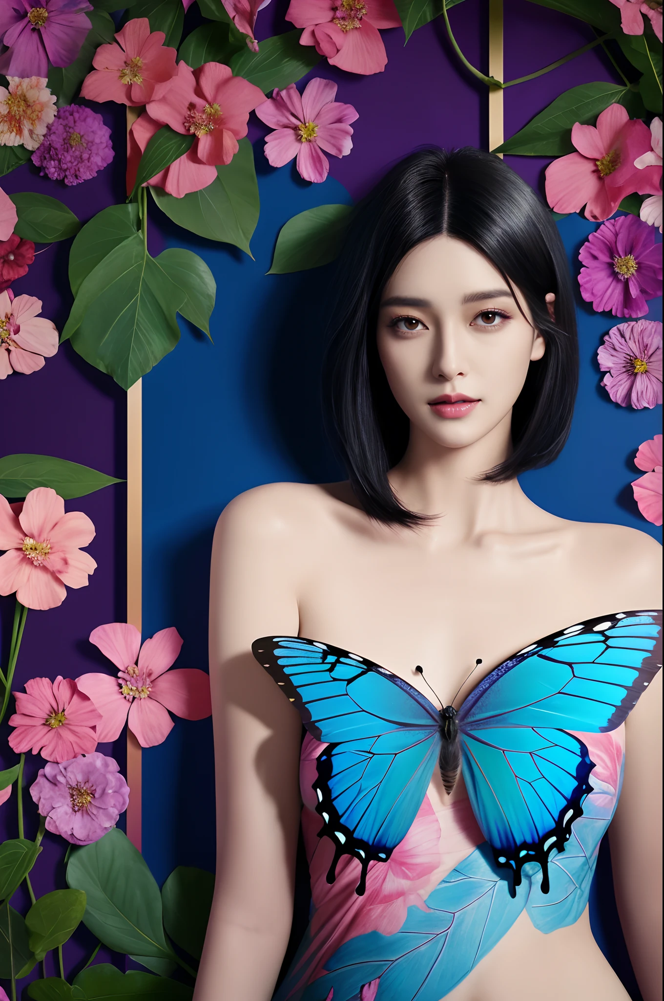 brightly colored butterfly with blue and pink wings surrounded by flowers, beautiful digital artwork, beautiful digital art, beautiful gorgeous digital art, colorfull digital fantasy art, harmony of butterfly, 4k highly detailed digital art, very beautiful digital art, beautiful digital painting, beautiful digital illustration, butterfly, 8k high quality detailed art, gorgeous digital art, beautiful art uhd 4 k, no jardim,flying,((shoulder length straight blackbob hair)),small head,small breasts,small face,slim,thin