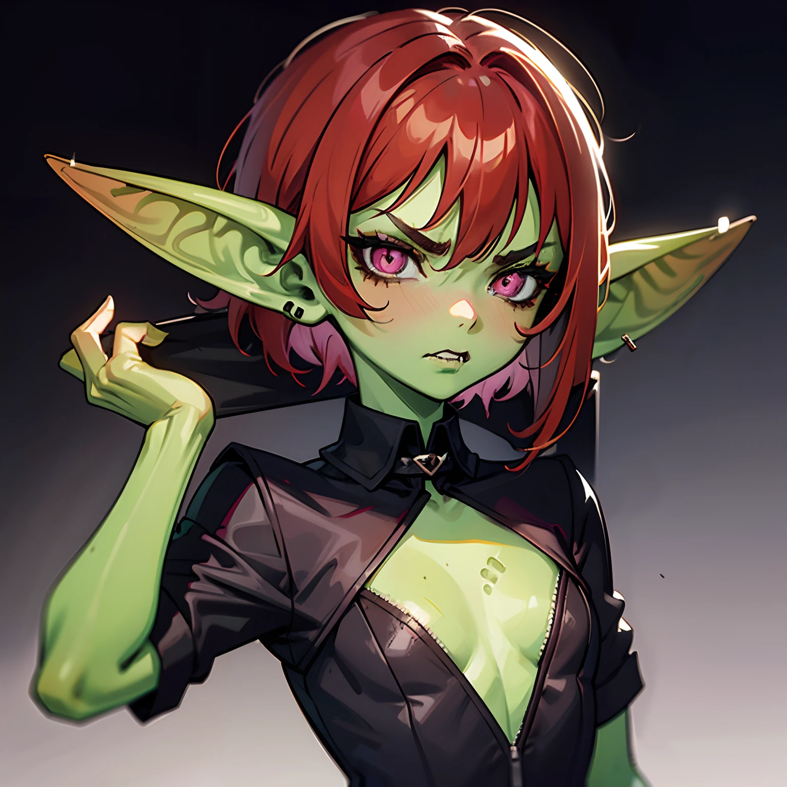 1 girl, portrait, goblin girl, green skin, red hair, short hair, bobcut, lip piercing, pink eyes, black shirt, black lipstick, black eye makeup, small chest, angry, black background, hands behind back, office lady, buiseness suit, close-up, total black background, simple background