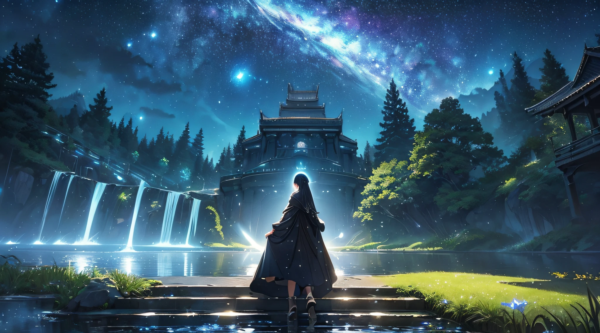 masterpiece、Background with((Fantastic starry sky、meteors、black hole、planetes))、Depth((Fantastic river with reflected light、plants、Luminescent、Flowing from the top of the steps))、Looking up