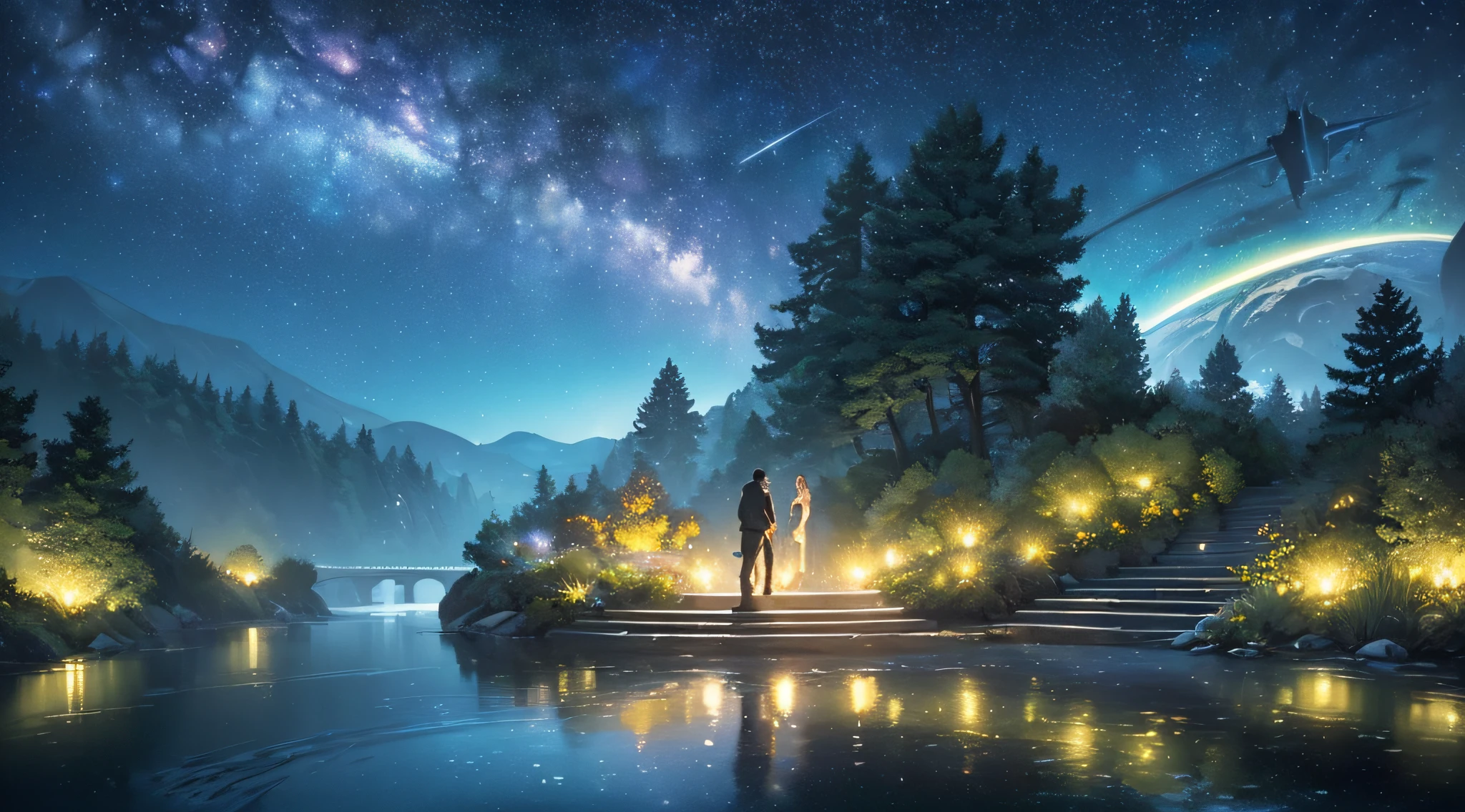 masterpiece、Background with((Fantastic starry sky、meteors、black hole、planetes))、Depth((Fantastic river with reflected light、plants、Luminescent、Flowing from the top of the steps))、Looking up