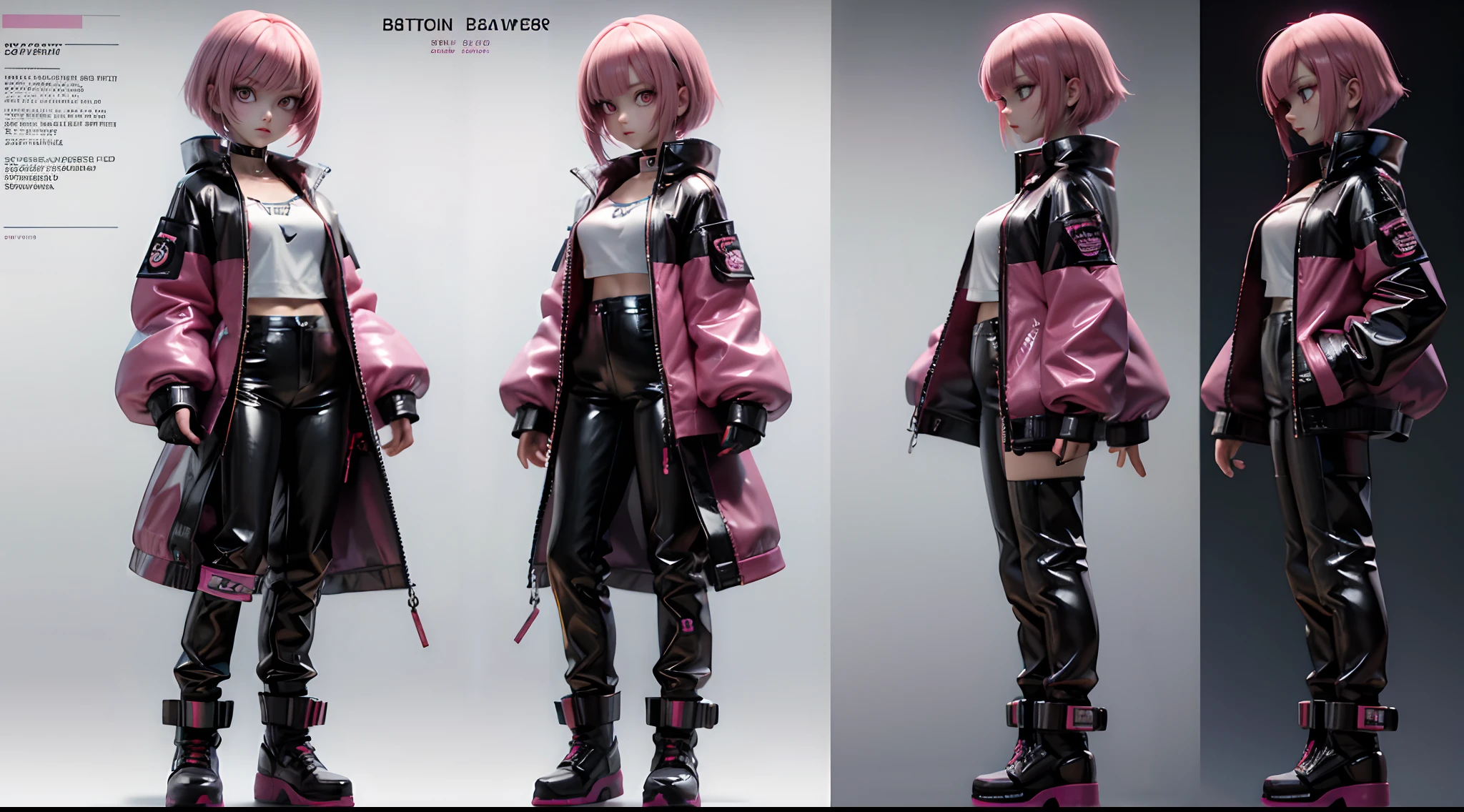 Cyberpunk anime girl standing with open arms, 4 View Drawings, Right and left and front and back, Character Sheet, Full body, Simple white background, anime character reference sheet, Concept art, design sheet, anime character design, full body adoptable, Pink bob cut hair, 20yr old, ninjartist, pink sleeves, Black very short vinyl jacket, Black vinyl pants