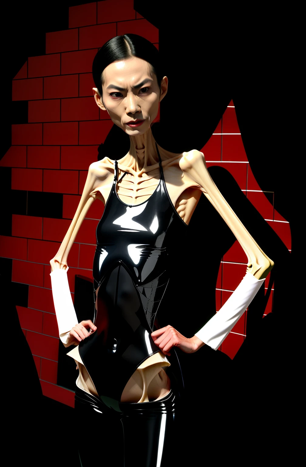 Extremely thin man, A thin body,Protruding sternum,The waist is slender,The ribs are noticeable,Protruding ribs,The pelvis is very pronouncedly protruding,The pelvis is markedly elevated,White skin of the,Thin shoulders,Very slim waist,Extremely skinny,Sunken abdomen,Slim arms,Skin and bones,short detailed hair,Haggard face,Wear tight latex clothing,Asian face,The body is as thin as a skeleton,look of anguish,irate,Thinning of the face,Incompetent men