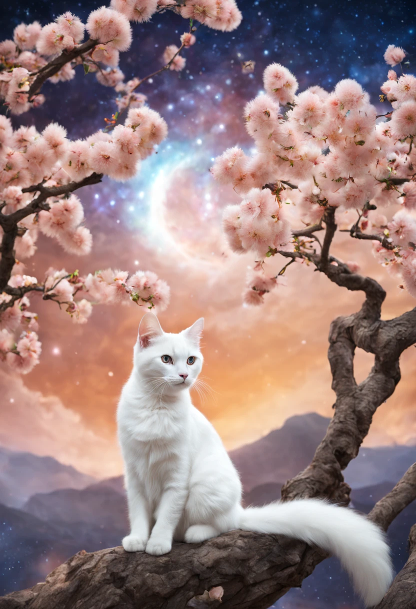 A white cat on peach tree. the background of the Milky Way , Alien Planet