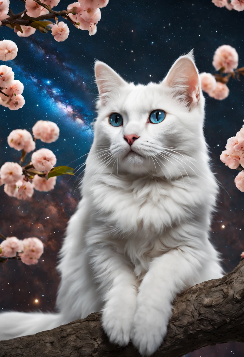 A white cat on peach tree. the background of the Milky Way , Alien Planet