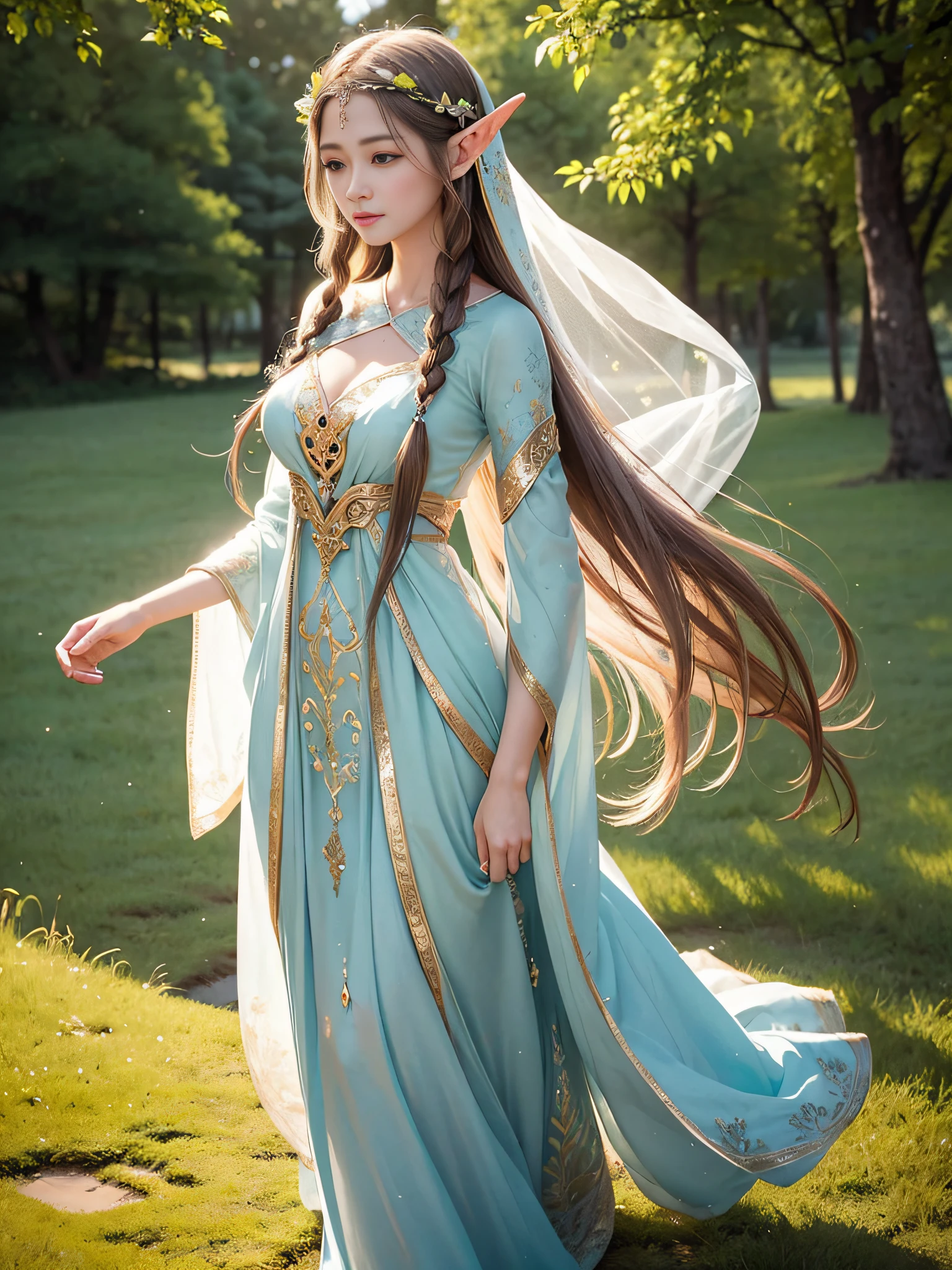Graceful elven girl standing in meadow, Delicate face illuminated by the soft light of the setting sun. Her long, Flowing hair runs down your back, Decorated with intricate braids、Adorned with sparkling gemstones. This great photo is、、、It captures the ethereal beauty of elves. Slender figure in silk dress、Swaying in the soft steppe breeze. Attention to detail、Face that is、Face that is、Face that is、Face that is、It is evident in the intricate patterns of the dress and the subtle highlights of the luminescence. skin. The breathtaking portrayal of the elven girl is、、、、、Create an enchanting atmosphere、It invites the viewer to a magical world.