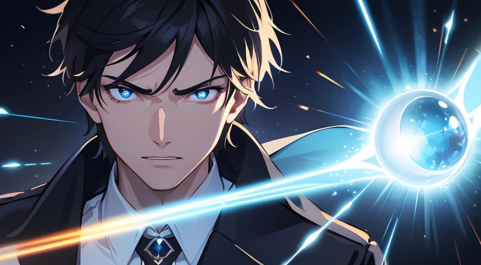 (ultra-detailed, perfect pixel, highres, best quality, beautiful eyes finely detailed), 19 years old boy, have power like demon god in manhwa, full of demonic aura, angry facial expression, red eye color (glowing blue eyes), black hair with aristocrat style outfit, elegant, detective, realistic fire, the background is full of magical particles and realistic blue fire. lens flare, glowing light, reflection light, motion blur, 8k, super detail, ccurate, best quality, Ray tracing.