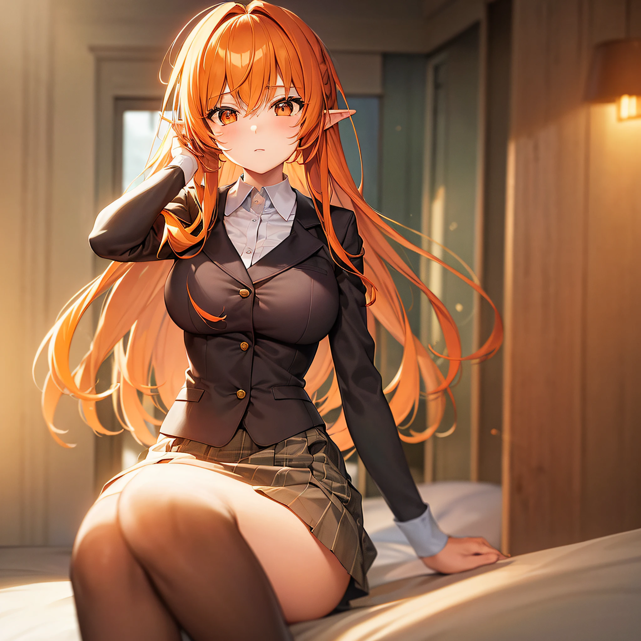 naked orange long twintails curl hair young anime girl with fox ears wearing black collar, green eyes, ears down, wet hair, nfsw, dawn lighting, playful expression, fingering crotch, sitting on bed, sunrays, natural breasts, covering body, embarrashed, close to the viewer, angle from below
