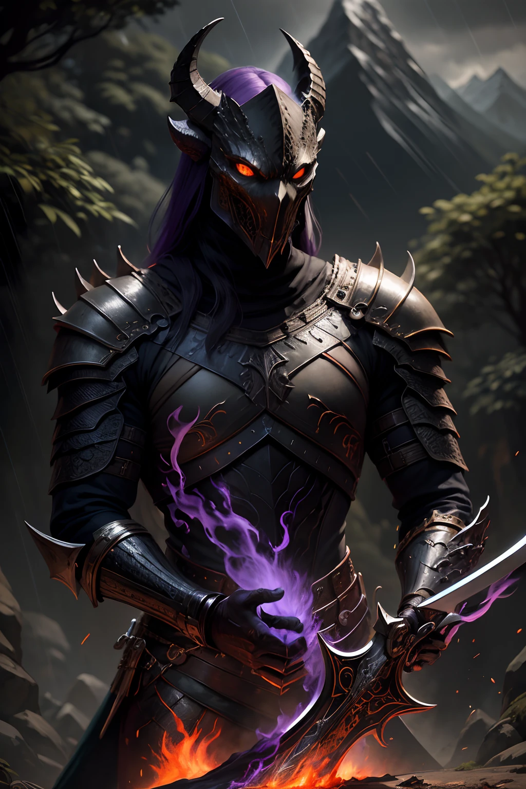 A black dragonborn with curved horns and black armor raising a sword covered in purple fire into the air as it's raining with mountains in the background